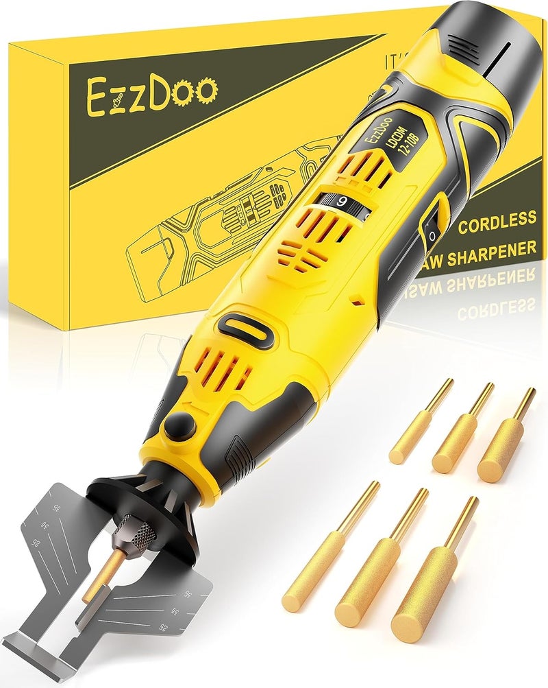 EzzDoo Electric Cordless Chainsaw Sharpener Kit - Portable 12V Chain Saw Sharpener Tool with 6 Titanium-Coated Diamond Bits(Wheels) & Angle Guide - Easy to Use for All Chainsaw Chains. - Image 1